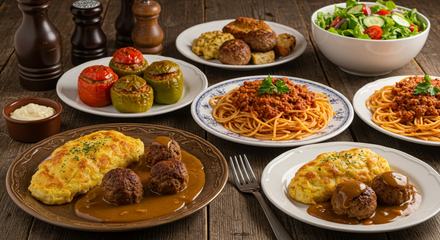 Herzhaftes essen mit hackfleisch serviert mit Beilagen auf einem rustikalen Holztisch.