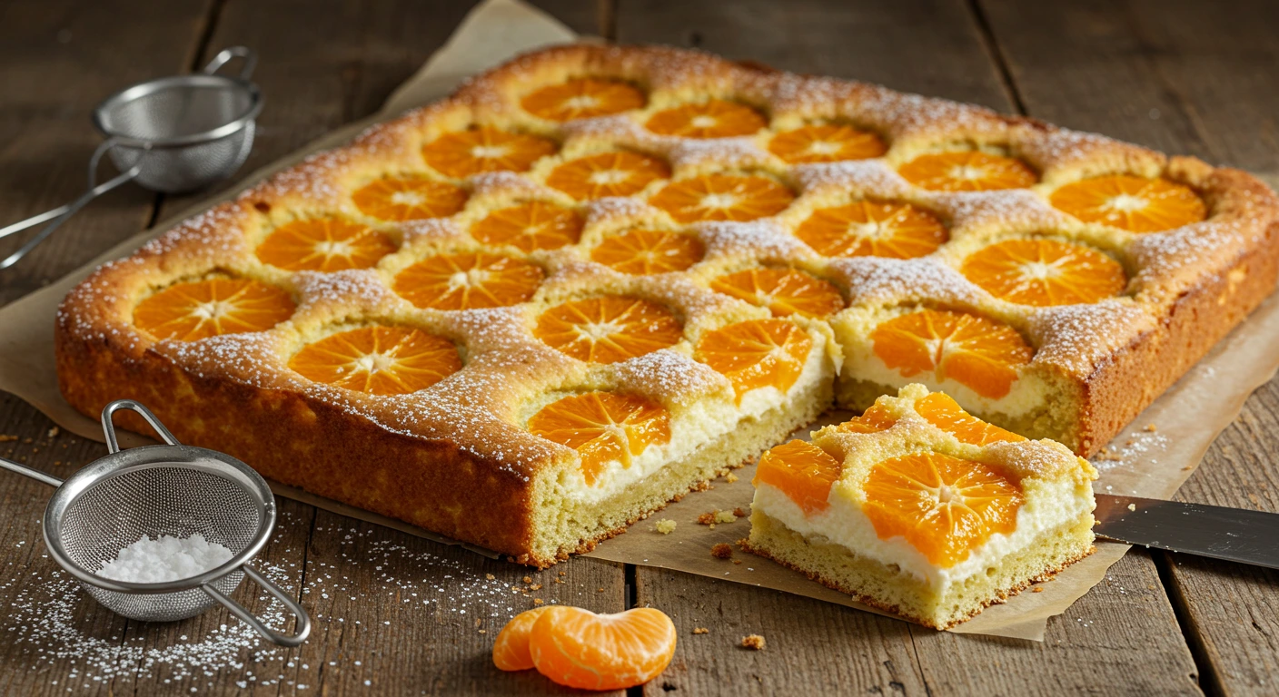 schmandkuchen mit mandarinen, in Stücke geschnitten und servierfertig