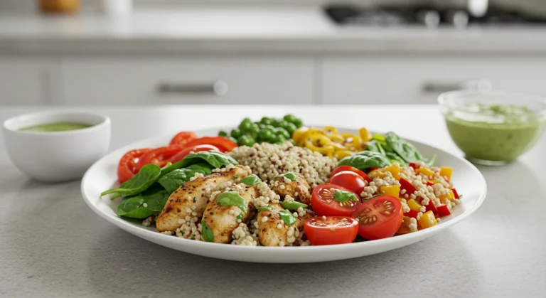 gesundes essen schnell mit frischen Zutaten wie Gemüse, Quinoa und gegrilltem Hähnchen