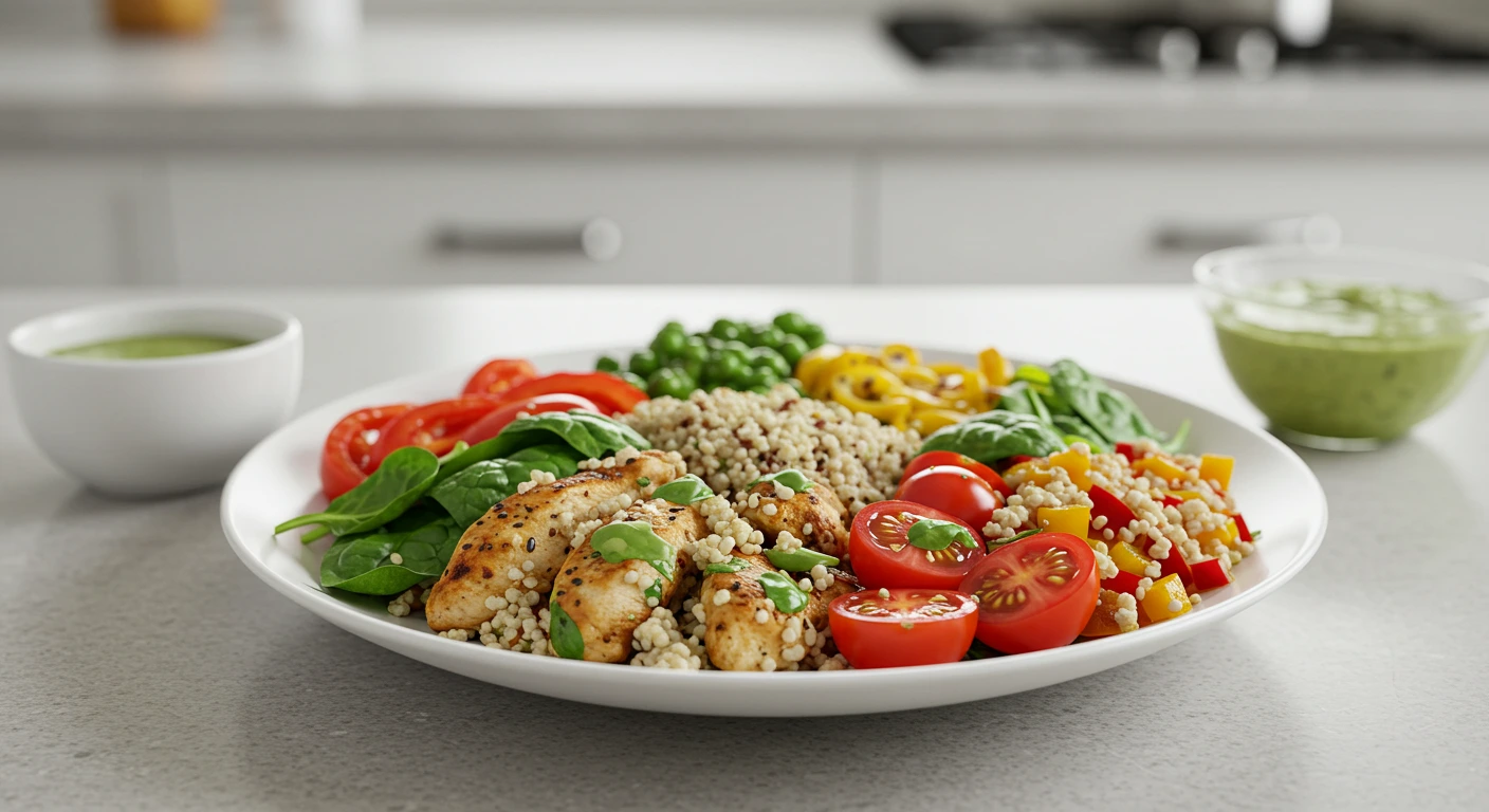 gesundes essen schnell mit frischen Zutaten wie Gemüse, Quinoa und gegrilltem Hähnchen
