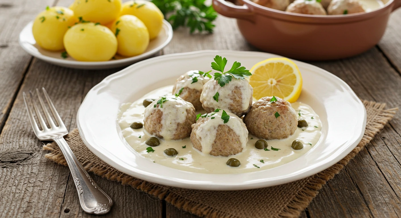 königsberger klopse originalrezept in cremiger Kapernsauce, serviert mit Kartoffeln.
