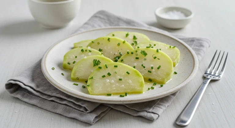 Frische Kohlrabi-Scheiben werden in einen Topf mit Wasser gegeben.