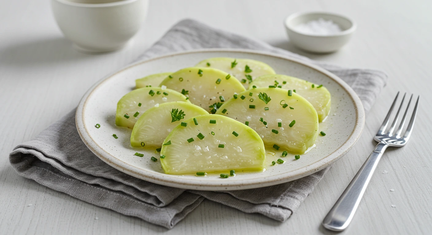 Frische Kohlrabi-Scheiben werden in einen Topf mit Wasser gegeben.