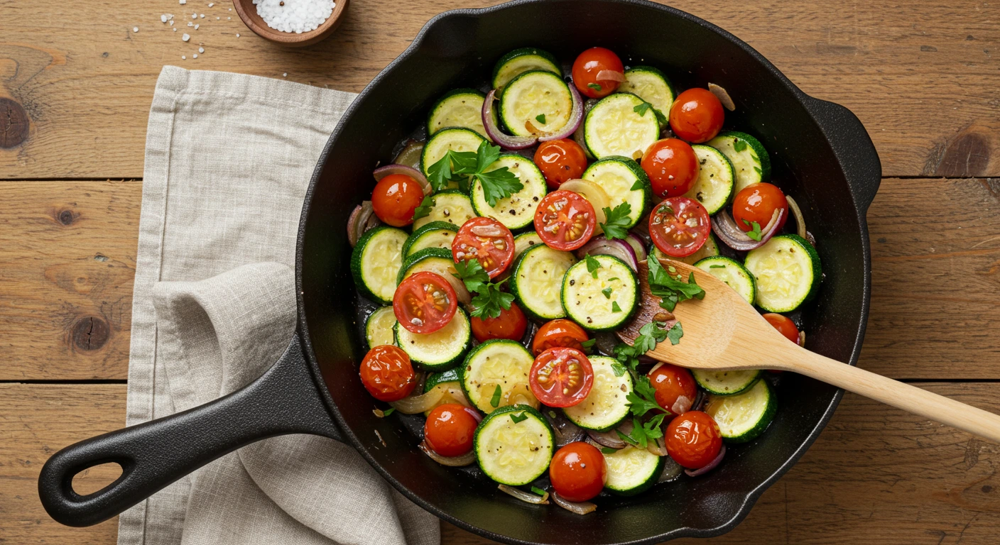 Zucchinipfanne in einer gusseisernen Pfanne mit Tomaten, Zwiebeln und frischen Kräutern auf einem rustikalen Holztisch.