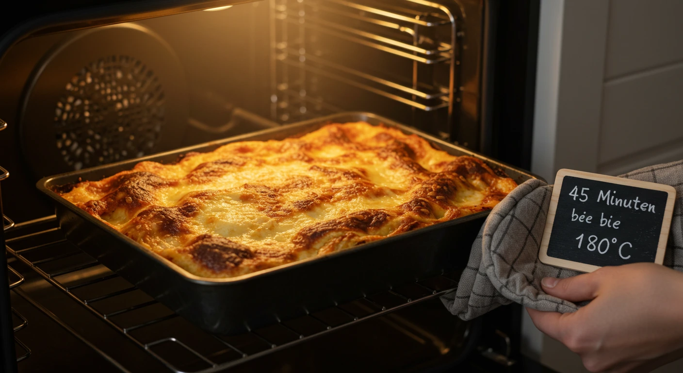 Frisch gebackene lasagne im ofen wird nach 45 Minuten Backzeit bei 180°C aus dem Ofen geholt.