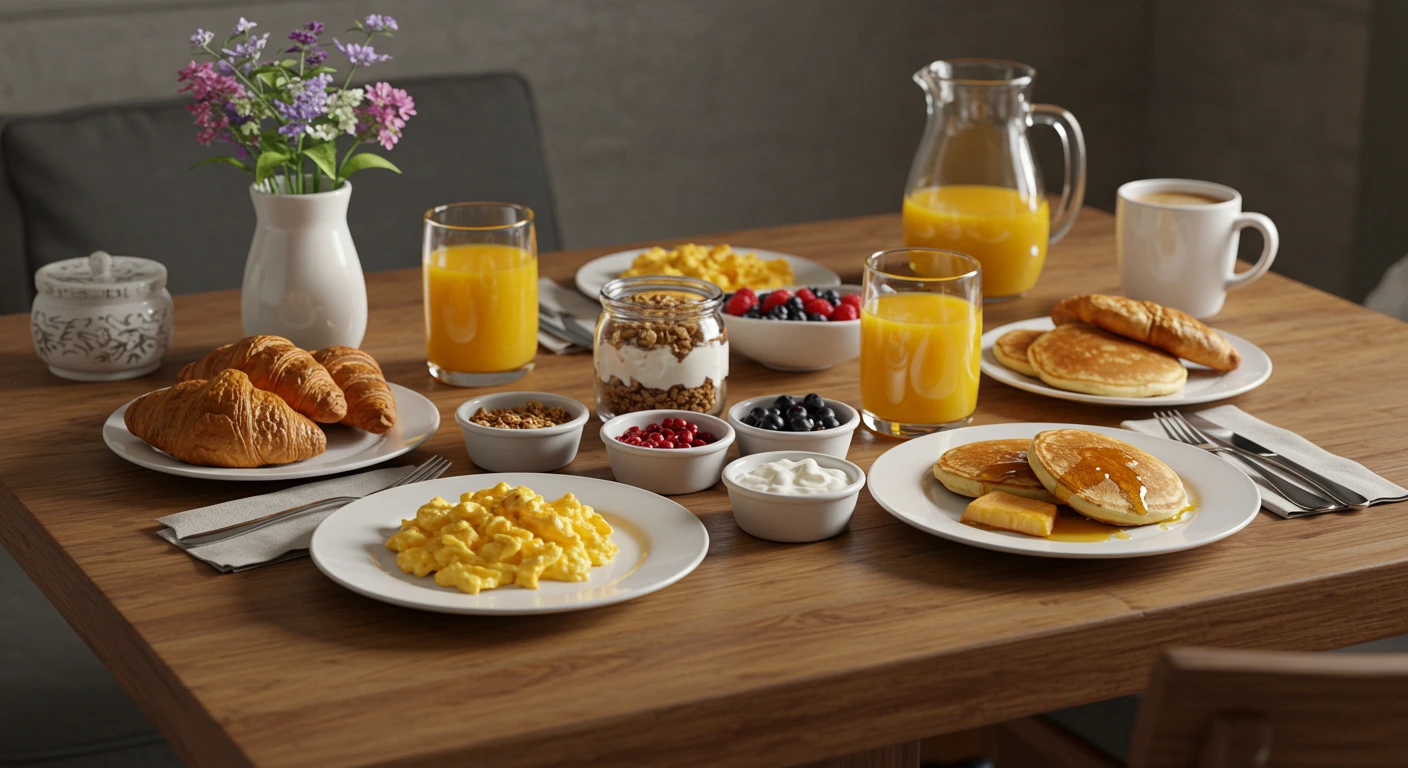 Ein gemütlicher Frühstück und Brunch-Tisch mit Croissants, Rührei, Pfannkuchen, frischen Früchten, Joghurt mit Granola und einer Tasse Kaffee.