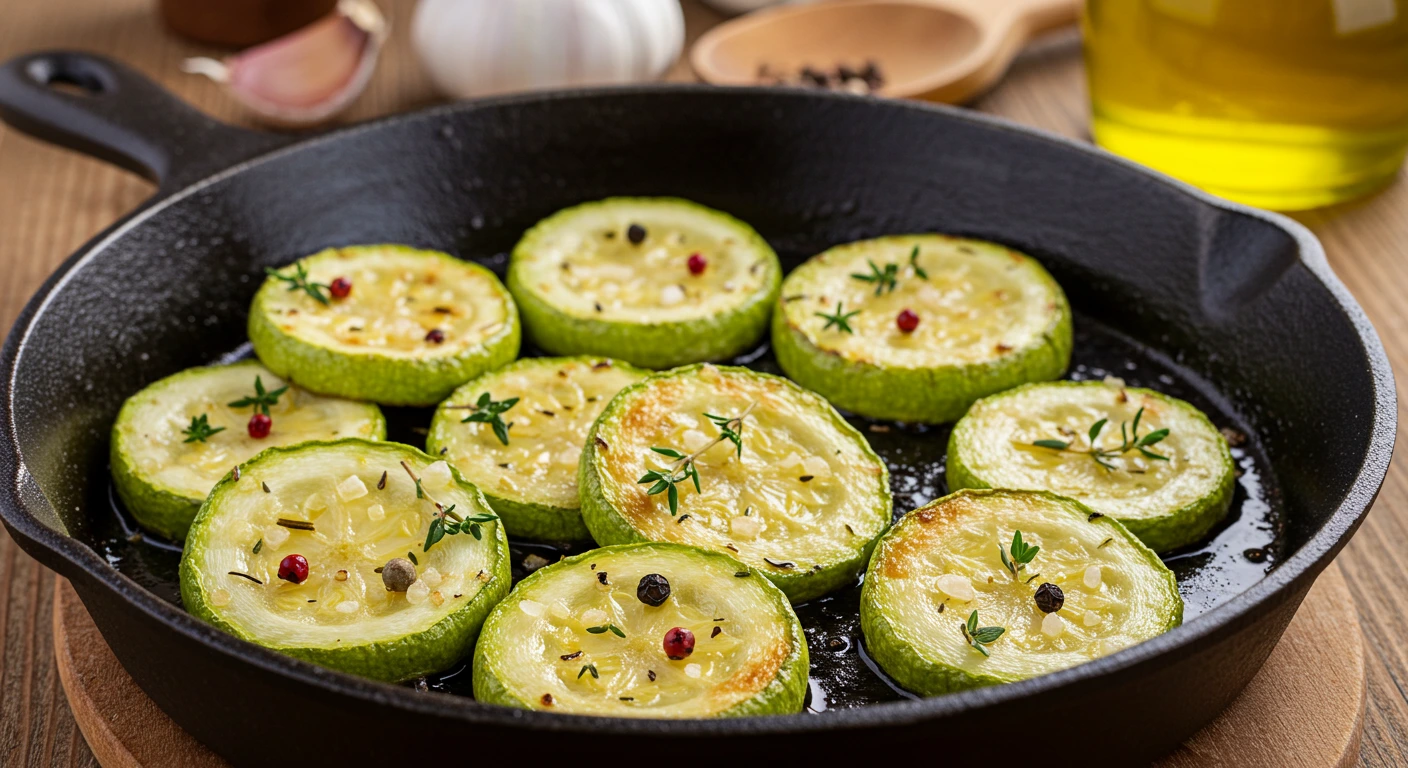 Zucchini braten in Olivenöl mit Kräutern in Pfanne