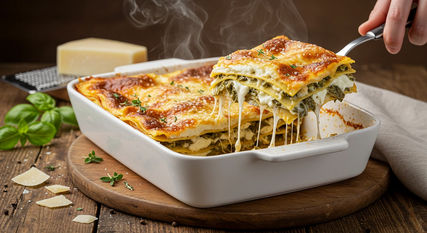 Freshly baked lasagne with creamy béchamel sauce and golden cheese crust on a rustic wooden table