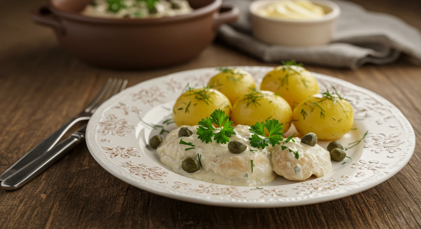Traditionelle Königsberger Klopse mit cremiger Sauce und Kartoffeln auf einem weißen Teller serviert