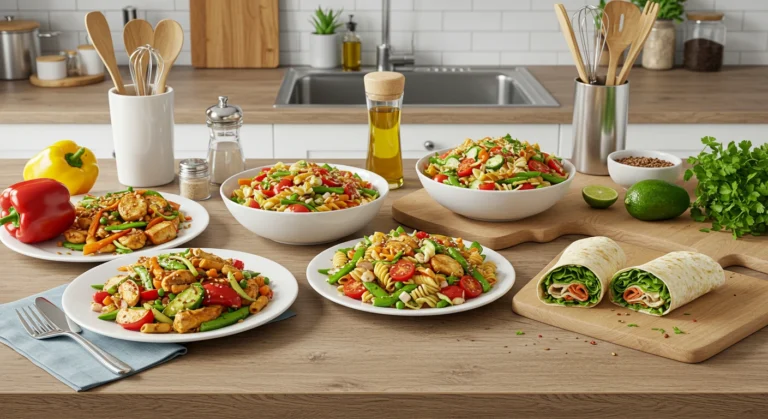 Verschiedene schnelle gerichte einfach, darunter Stir-Fry, Salat, Pasta und Wraps, auf einem modernen Küchentisch.
