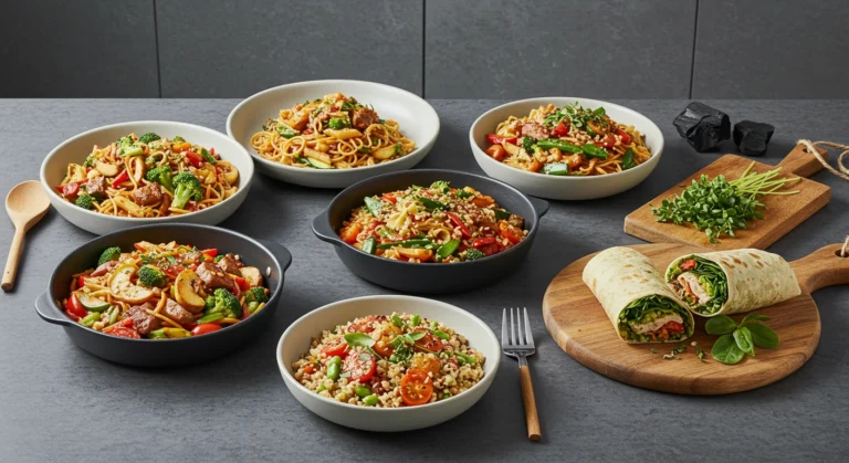 Verschiedene leckere gerichte schnell zubereitet, darunter Stir-Fry, Pasta, Getreide-Bowl und Wraps auf einem modernen Küchentisch