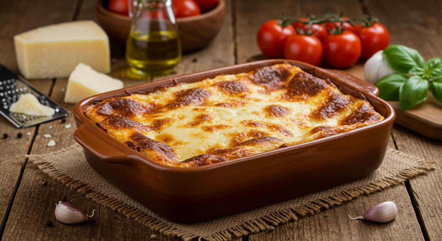 Hausgemachte Lasagne Originalrezept, frisch gebacken mit goldbrauner Käsekruste