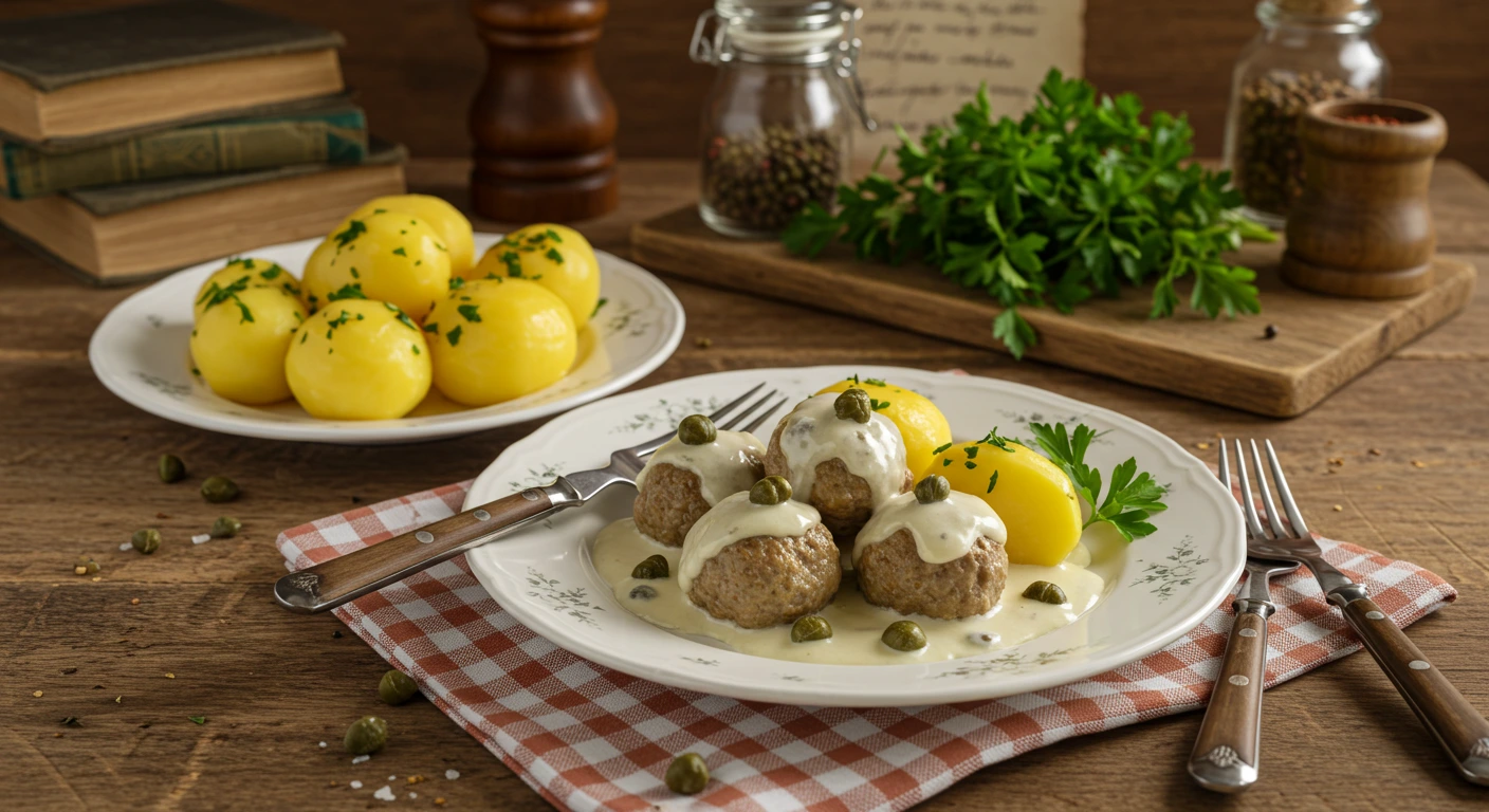 Traditionelle Königsberger Klopse Omas Rezept mit Kapernsauce und Kartoffeln, serviert auf rustikalem Geschirr