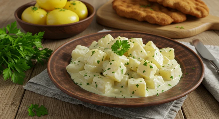 Cremiges Kohlrabigemüse nach deutschem Rezept, serviert mit frischer Petersilie auf einem rustikalen Teller