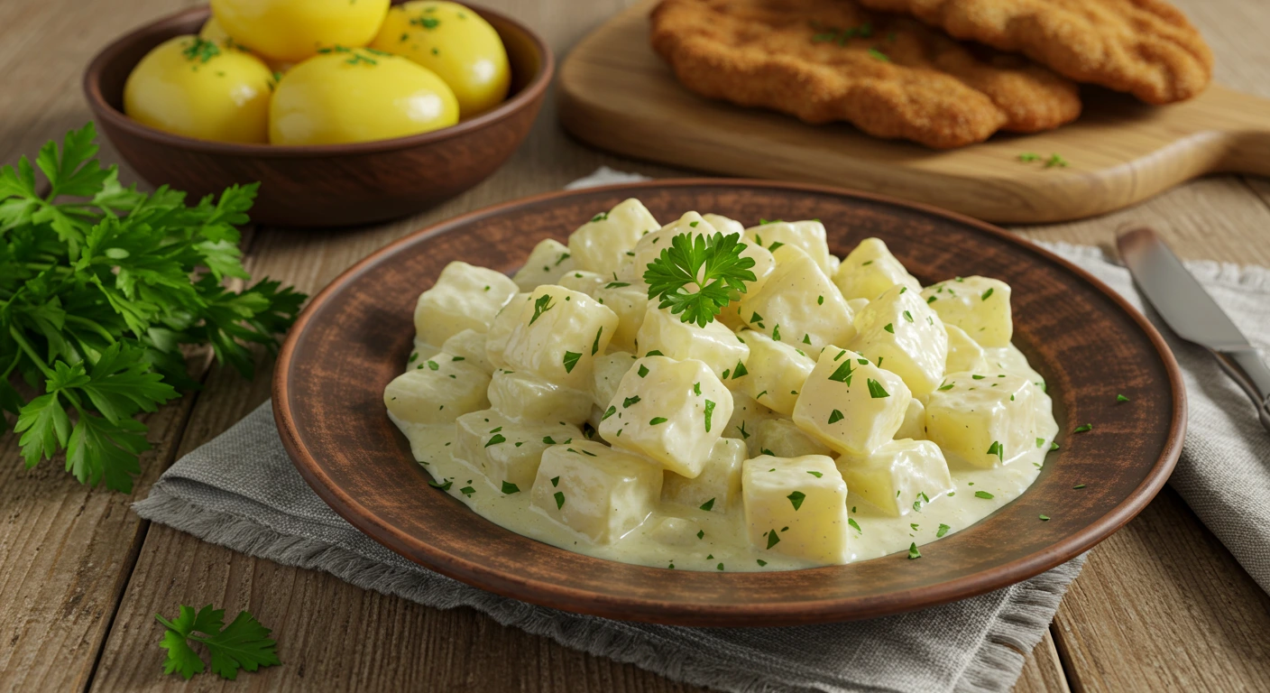 Cremiges Kohlrabigemüse nach deutschem Rezept, serviert mit frischer Petersilie auf einem rustikalen Teller