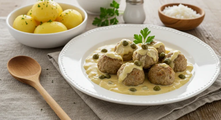 königsberger klopse rezept mit kapern Kapernsauce, serviert mit Kartoffeln – klassisches deutsches Rezept.