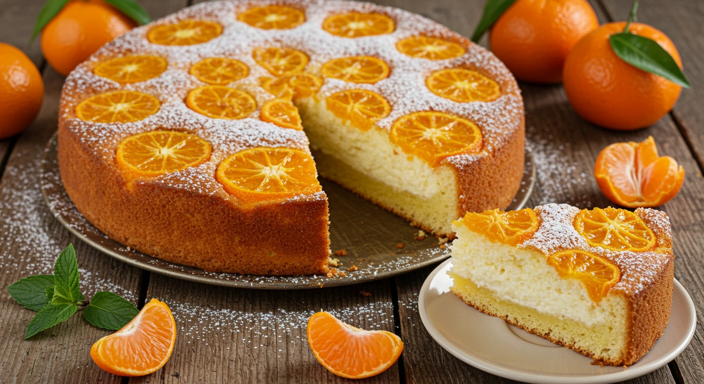 Saftiger Schmand Mandarinen Kuchen mit frischen Mandarinen und Puderzucker, serviert auf rustikalem Tisch