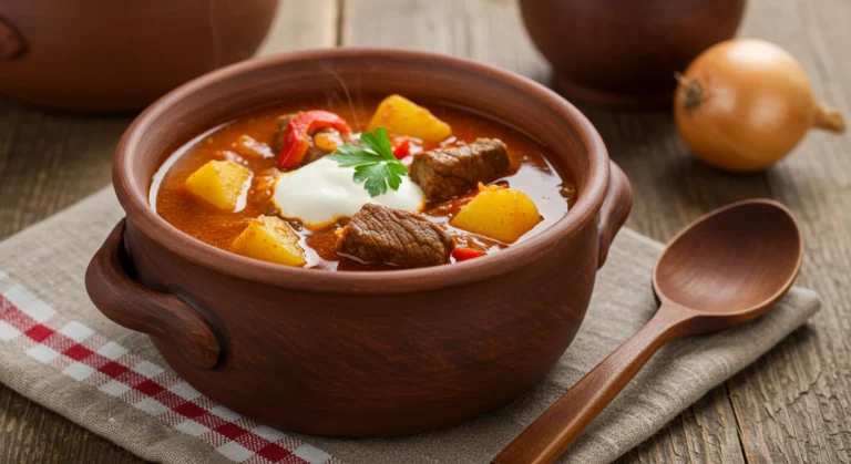Authentische ungarische Gulaschsuppe mit Paprika, Kartoffeln und Rindfleisch, serviert mit Sauerrahm und Petersilie