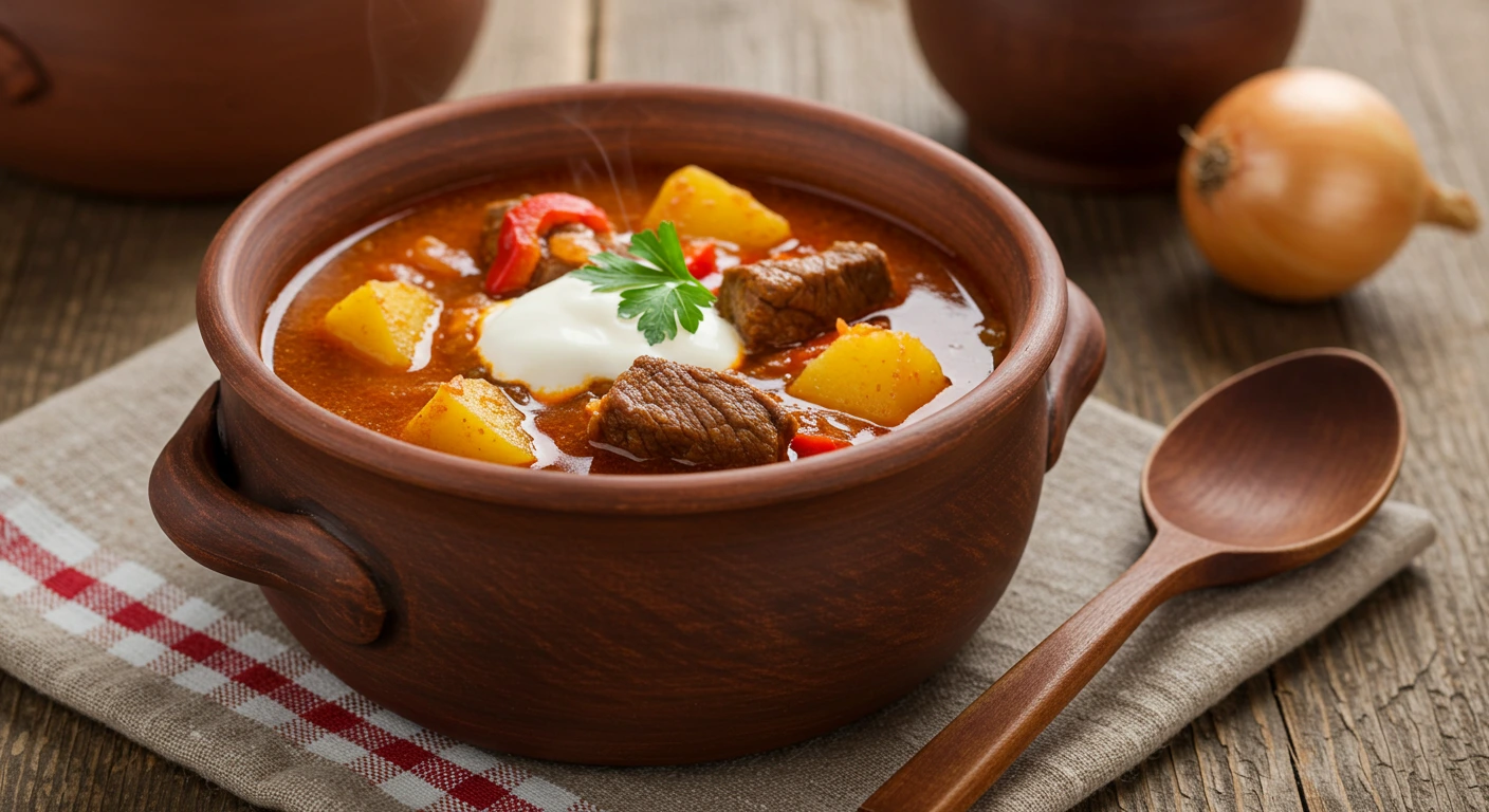 Authentische ungarische Gulaschsuppe mit Paprika, Kartoffeln und Rindfleisch, serviert mit Sauerrahm und Petersilie