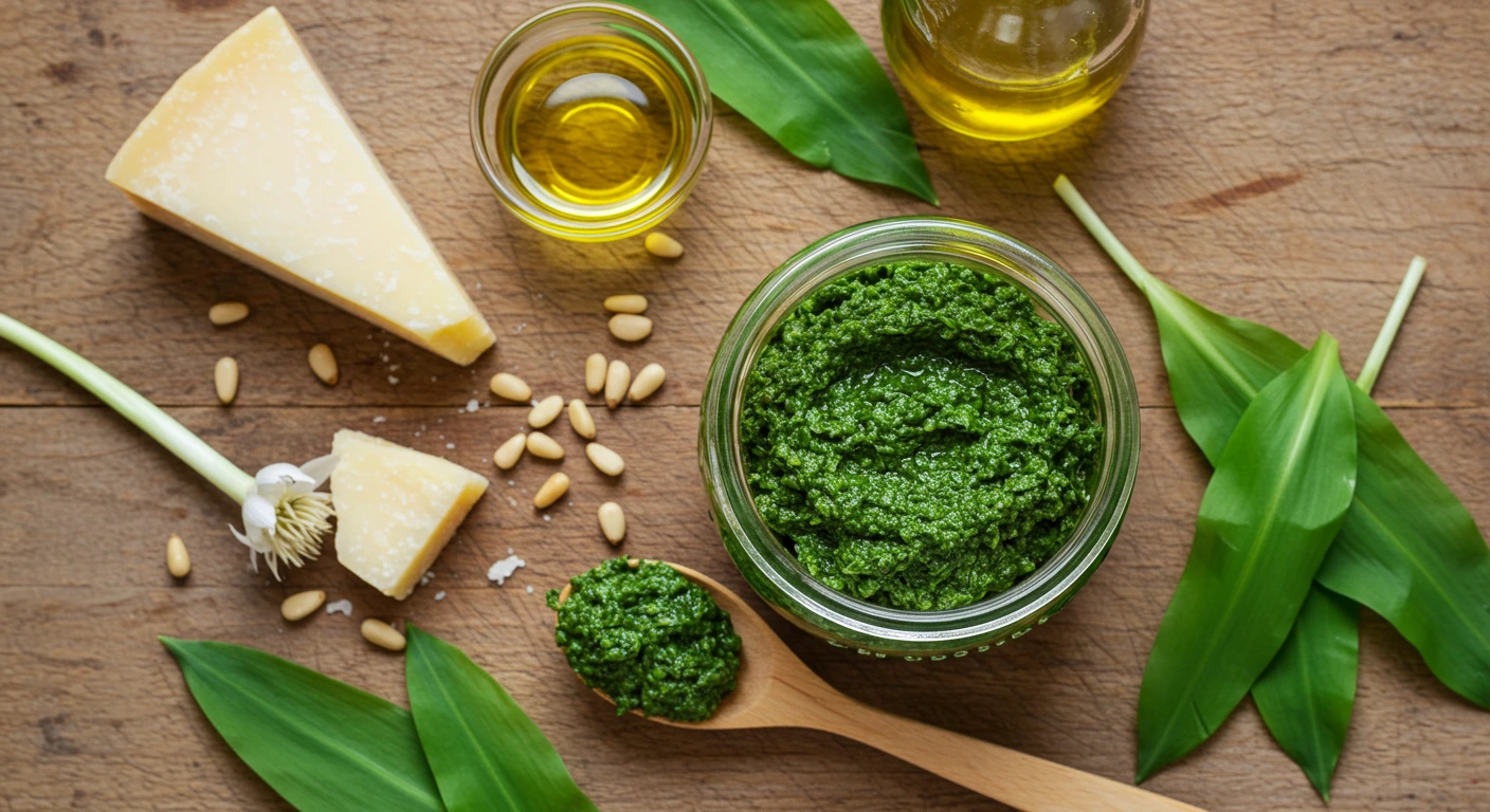 Frisches Bärlauchpesto im Glas mit Zutaten wie Bärlauch, Parmesan, Pinienkernen und Olivenöl auf einem Holztisch