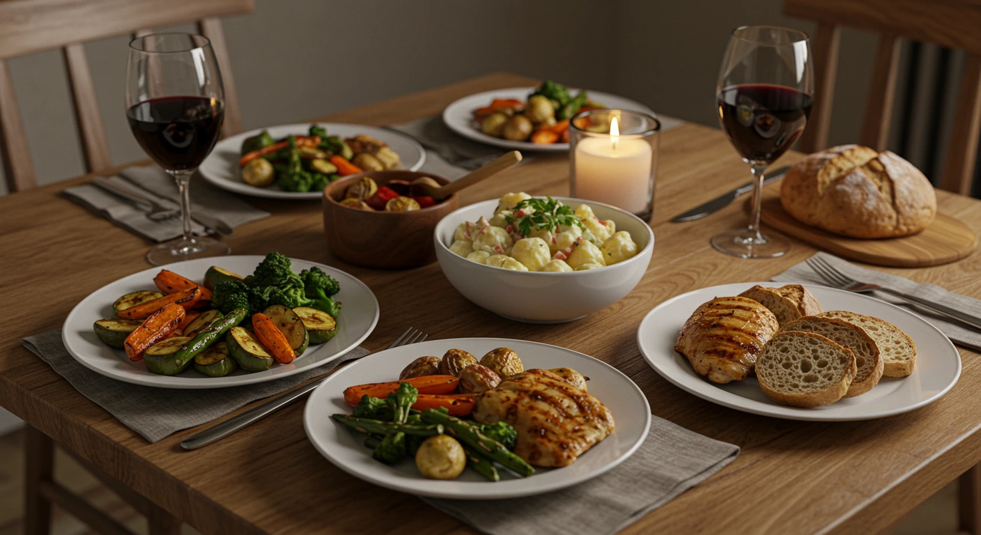 Abendessen-Tisch mit verschiedenen hausgemachten Gerichten wie Gemüse, Fleisch, Kartoffelsalat und Brot in gemütlicher Atmosphäre