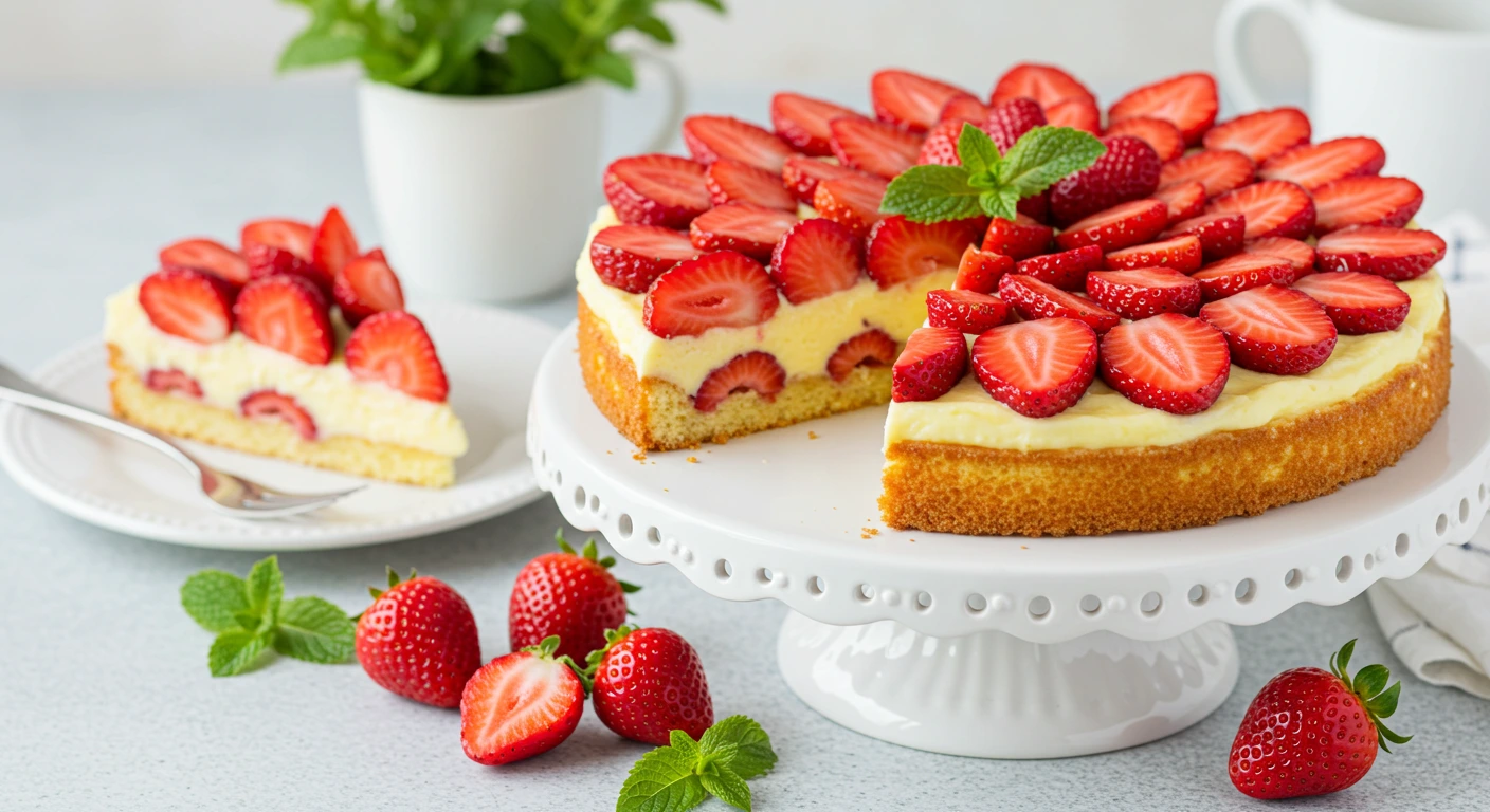 Frischer Erdbeerkuchen mit Vanillecreme auf Tortenplatte, garniert mit glänzenden Erdbeeren und Minze