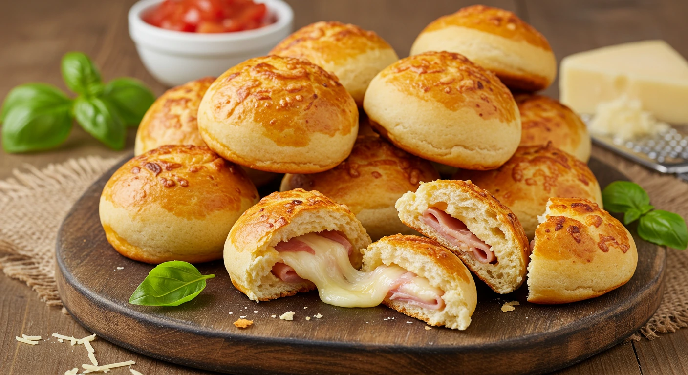 Frisch gebackene Pizzabrötchen mit geschmolzenem Käse und Schinkenfüllung auf einem Holzbrett, serviert mit Tomatendip
