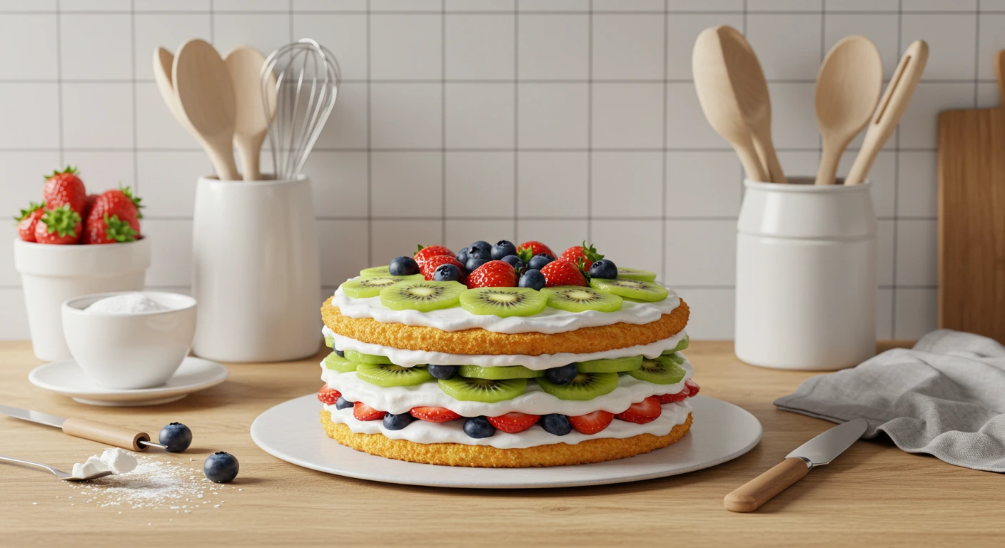 Einfache selbstgemachte Torten mit Sahnecreme und frischen Früchten auf einem hellen Kuchenteller – ideal für Backanfänger