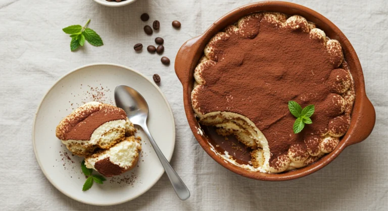 Frisch zubereitetes tiramisu rezept in einer rustikalen Keramikform mit Kakaopulver bestäubt, daneben eine Portion auf einem kleinen Teller serviert.
