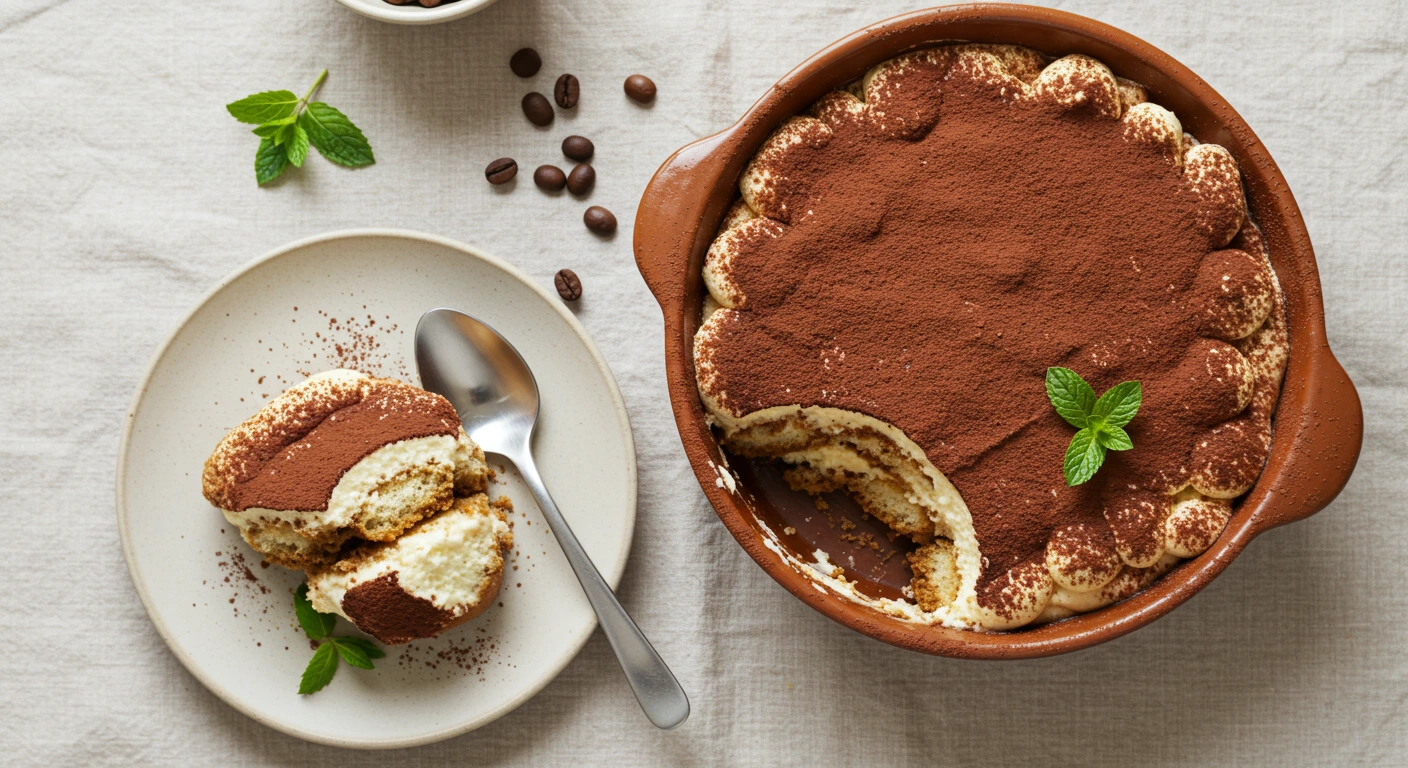 Frisch zubereitetes tiramisu rezept in einer rustikalen Keramikform mit Kakaopulver bestäubt, daneben eine Portion auf einem kleinen Teller serviert.
