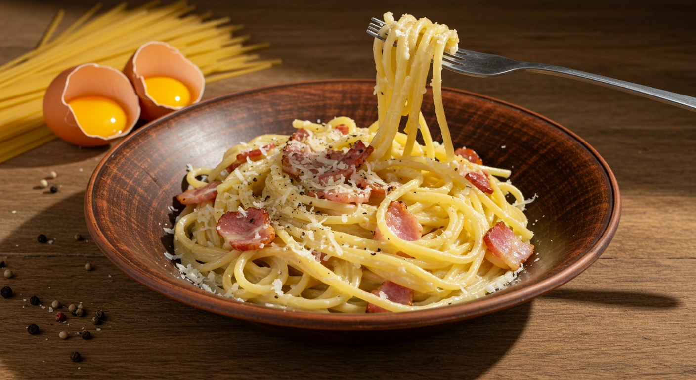 Klassische Spaghetti carbonara rezept mit cremiger Sauce, knusprigem Pancetta und frisch gemahlenem Pfeffer auf rustikalem Teller serviert.