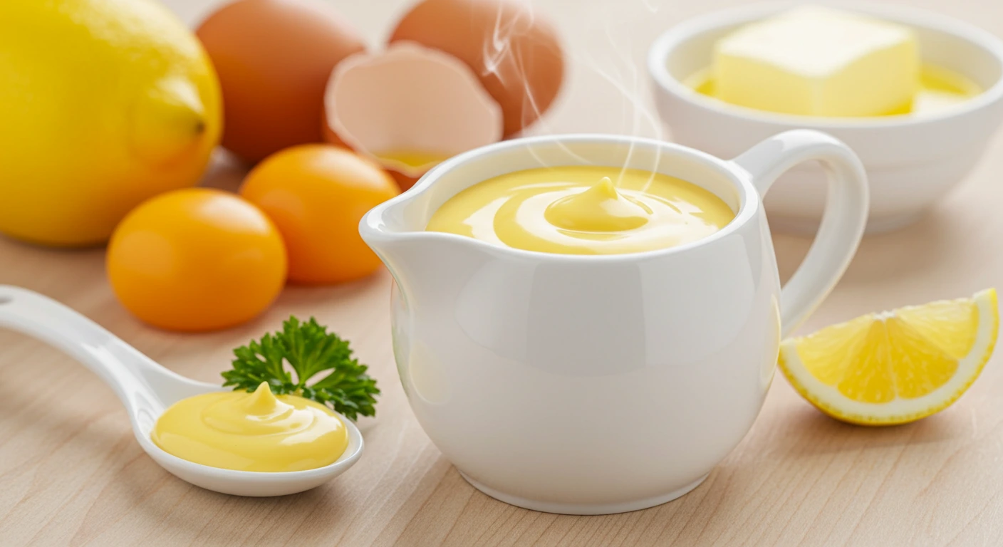 Cremige Hollandaise-Sauce in einer weißen Sauciere, serviert mit frischer Petersilie und Zitronenscheibe auf hellem Untergrund.