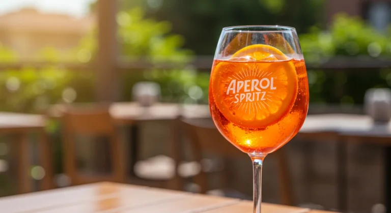 Erfrischender Aperol Spritz im Weinglas mit Orangenscheibe auf sommerlicher Terrasse