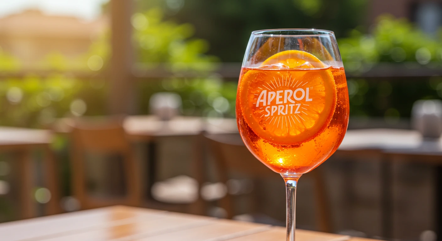 Erfrischender Aperol Spritz im Weinglas mit Orangenscheibe auf sommerlicher Terrasse
