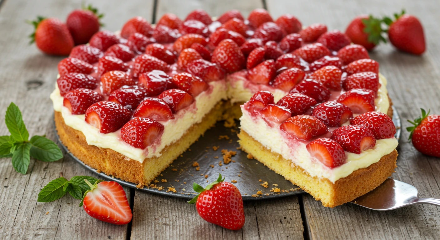 Frischer Erdbeerkuchen mit Sahnecreme und glänzenden Erdbeeren