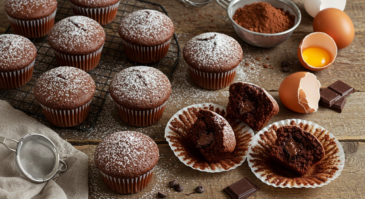 Frisch gebackene Schokomuffins mit Schokostückchen und Puderzucker auf einem rustikalen Holztisch