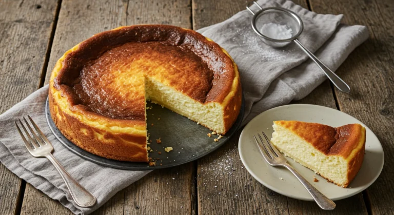 Klassischer deutscher Käsekuchen mit goldbrauner Oberfläche, serviert auf einem rustikalen Holztisch