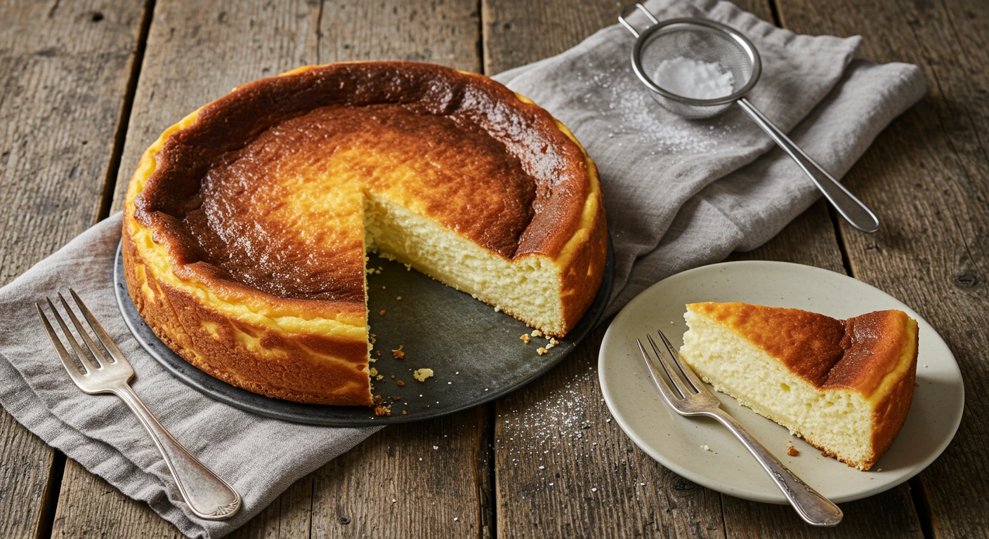 Klassischer deutscher Käsekuchen mit goldbrauner Oberfläche, serviert auf einem rustikalen Holztisch