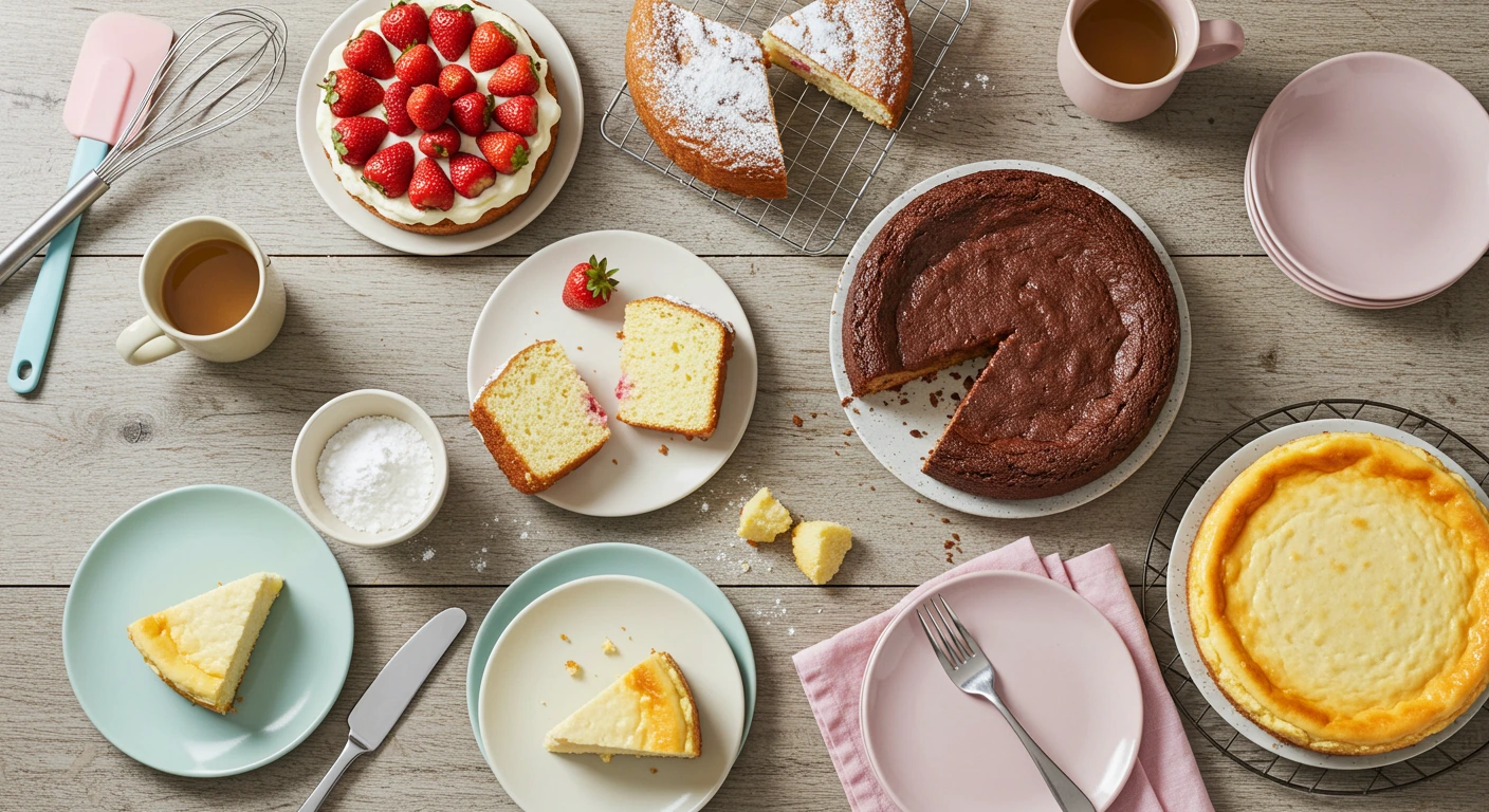 Mehrere einfache Torten auf einem Holztisch, darunter Erdbeertorte, Schokoladentorte und Käsekuchen – hausgemacht und dekorativ angerichtet.