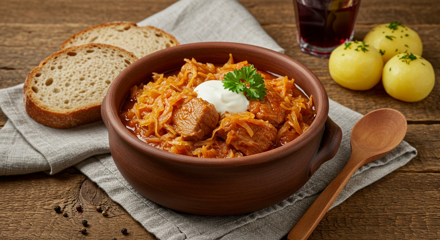 Szegediner Gulasch rezept in einem rustikalen Topf, mit Sauerkraut und saurer Sahne serviert – traditionelles ungarisches Schmorgericht.