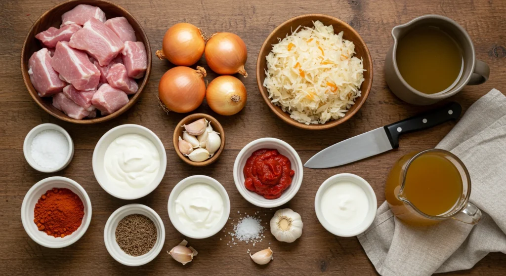 Szegediner Gulasch in einem rustikalen Topf, mit Sauerkraut und saurer Sahne serviert – traditionelles ungarisches Schmorgericht.