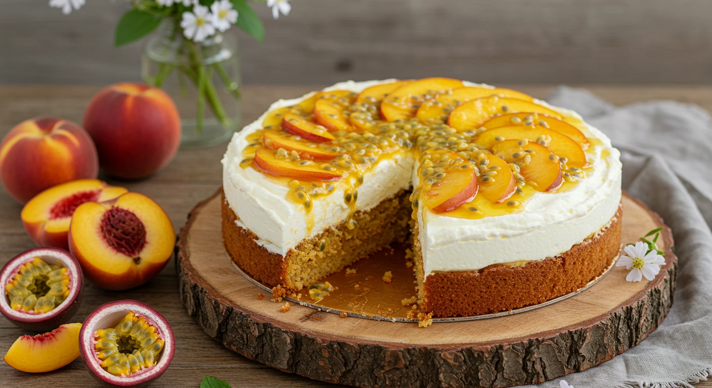 Pfirsich Maracuja Torte mit frischen Pfirsichen und Passionsfrucht auf einem rustikalen Tortenteller.