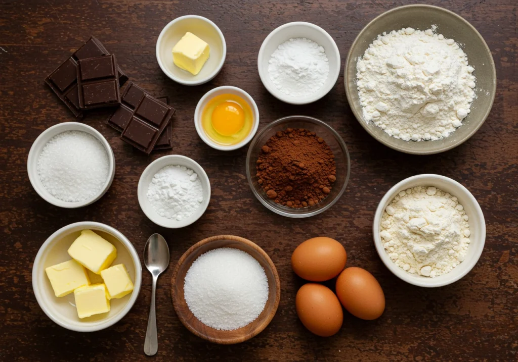 Zutaten für saftige Schokomuffins: Schokolade, Mehl, Kakao, Eier, Zucker und Butter aus der Vogelperspektive arrangiert.