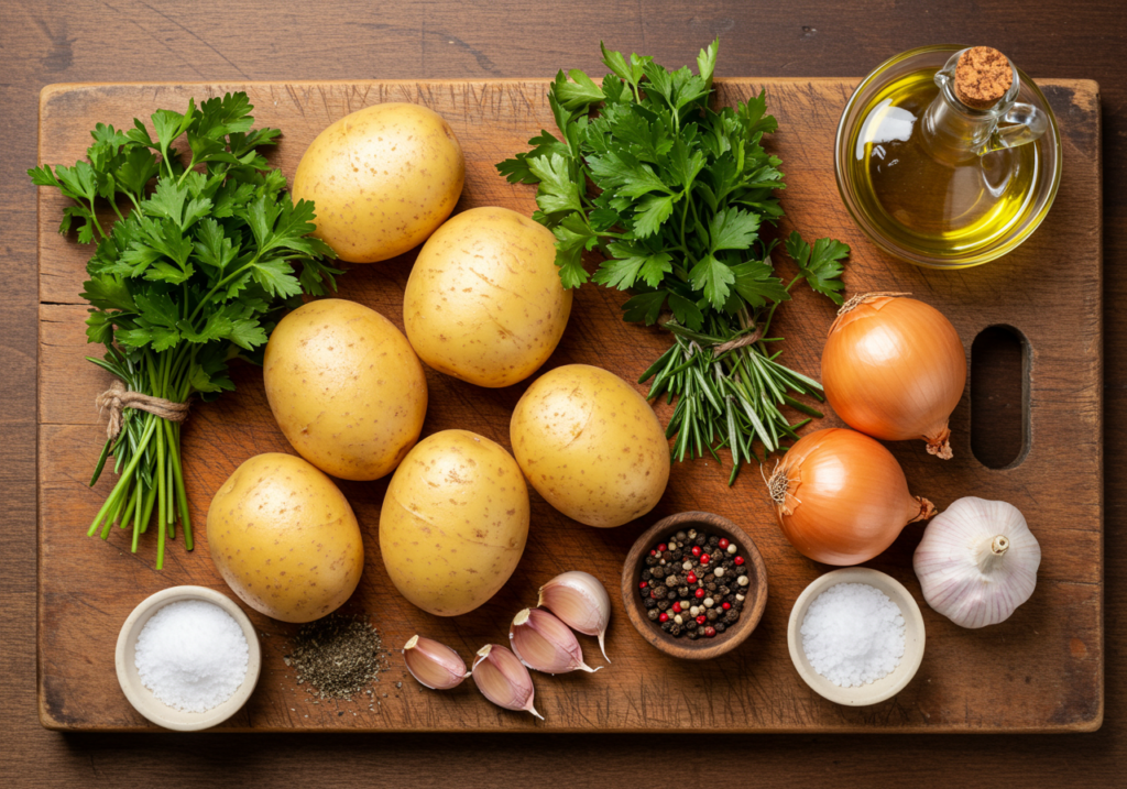 Frische Zutaten für Kartoffelgerichte: rohe Kartoffeln, Zwiebeln, Knoblauch, frische Kräuter, Olivenöl, Salz und Pfeffer, auf rustikalem Holztisch arrangiert.