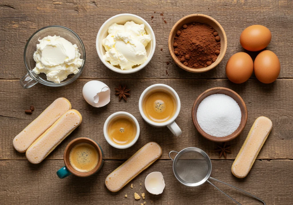 Frische Zutaten für klassisches Tiramisu: Mascarpone, Espresso, Löffelbiskuits, Kakaopulver, Eier und Zucker auf rustikalem Holztisch.