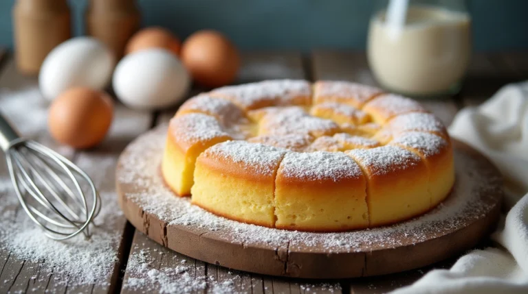 Ein schneller, frisch gebackener kuchen schnell auf einem Holztisch mit Eiern, Mehl und Schneebesen im Hintergrund.