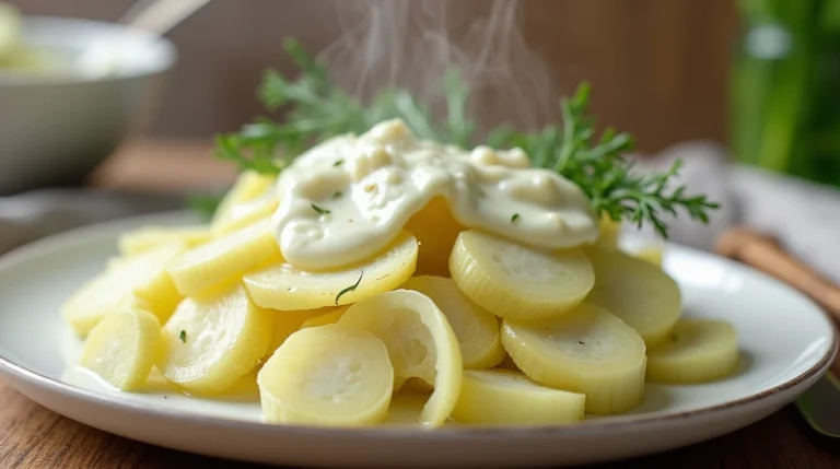 Sauce zu kohlrabi mit cremiger weißer Sauce, serviert auf einem Teller mit frischen Kräutern