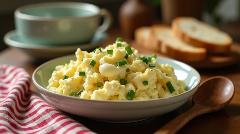 Cremiger omas eiersalat Rezept in einer rustikalen Schüssel, serviert auf einem Holztisch mit Brot und Kräutern.