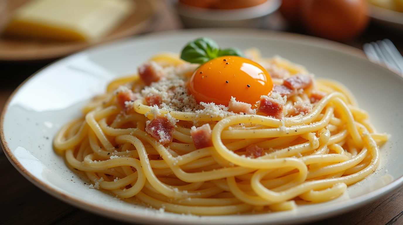 Spaghetti Carbonara selbst gemacht mit Ei, Speck und Parmesan