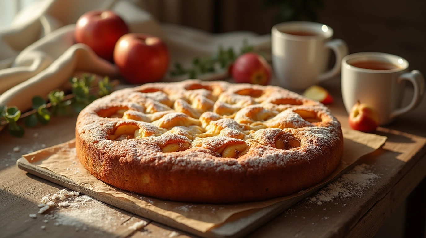 "Freshly baked Apfelkuchen with golden-brown crust, apple slices, and powdered sugar, served with tea.